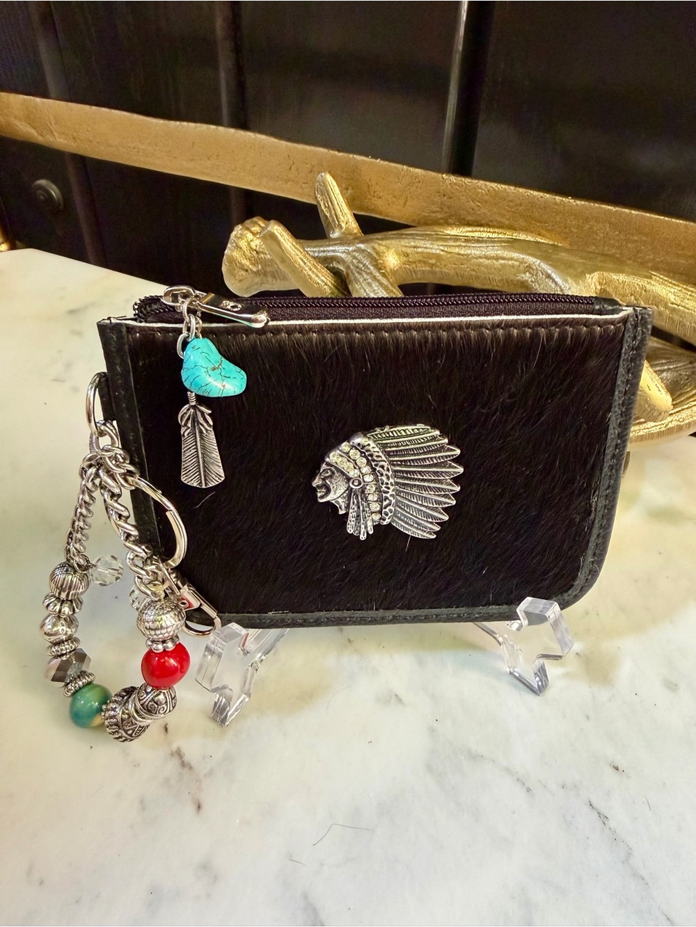 OOAK GENUINE COWHIDE LEATHER Wristlet Wallet card holder Native Indian Chief HOH